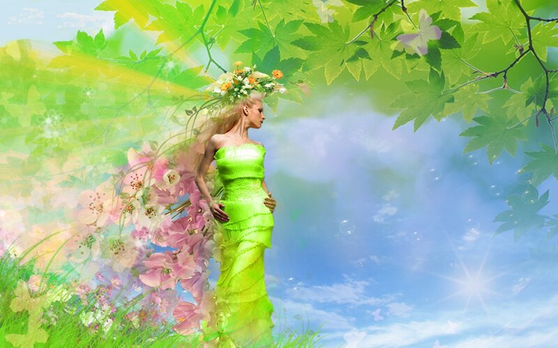 woman in green dress with flowers