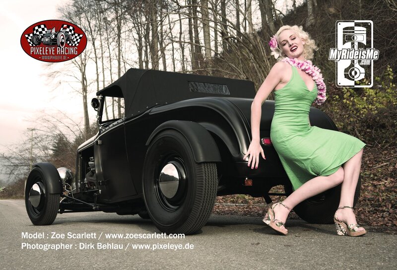 Woman in green dress with hot rod