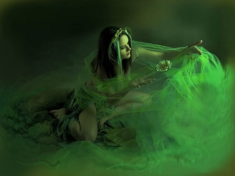 Woman in Green Fabric — Dramatic, Digital Art