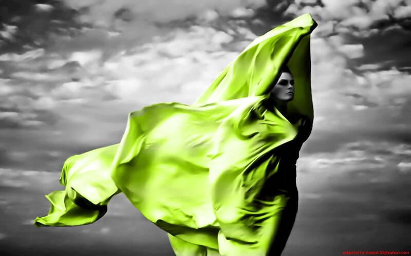 Woman in Green Fabric — Dramatic, Photograph