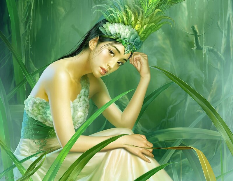 woman in green forest