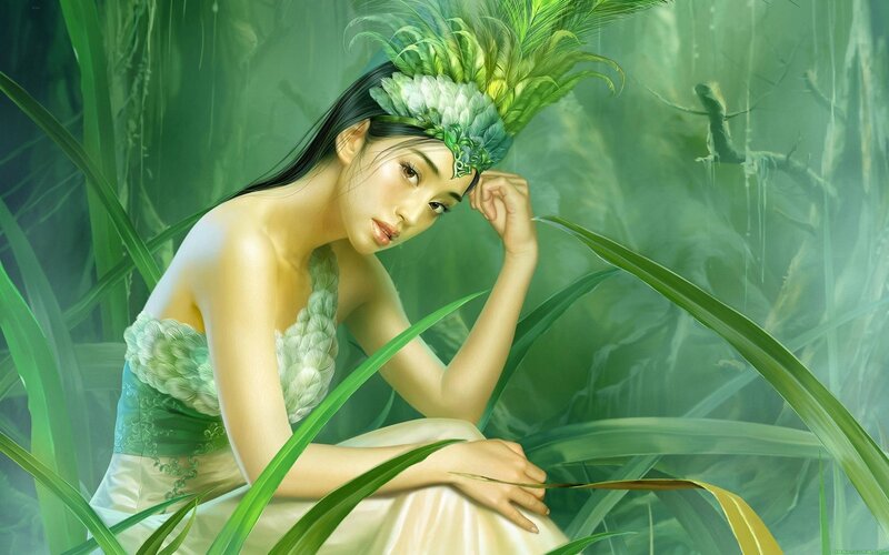 Woman in Green Forest — Serene, Digital Art, Feather Headdress, Long Hair, Green Leaves