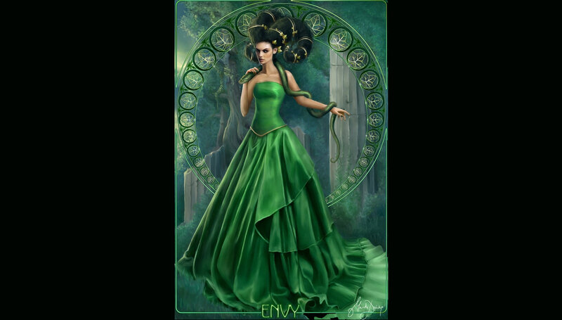 Woman in Green Gown — Dramatic, Digital Art, Snake