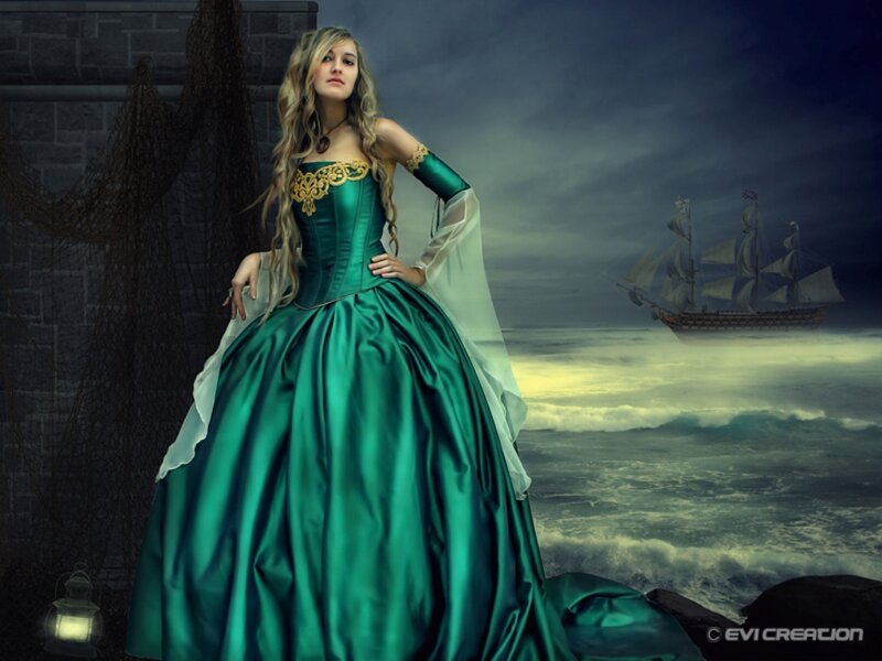 Woman in Green Gown — Dramatic, Night, Digital Art