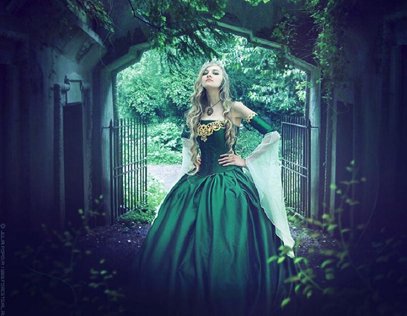 Woman in Green Gown — Dramatic, Photograph, Gate