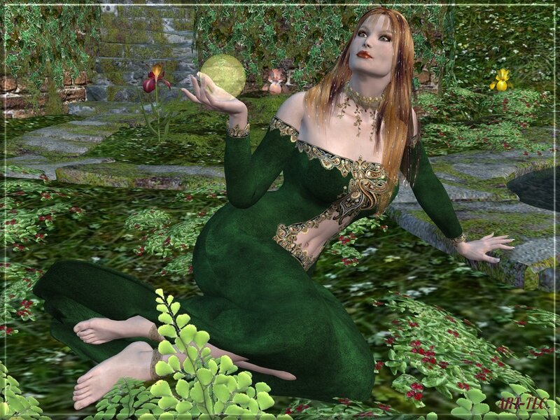 Woman in green gown holding orb
