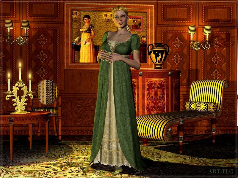 woman in green gown in ornate room
