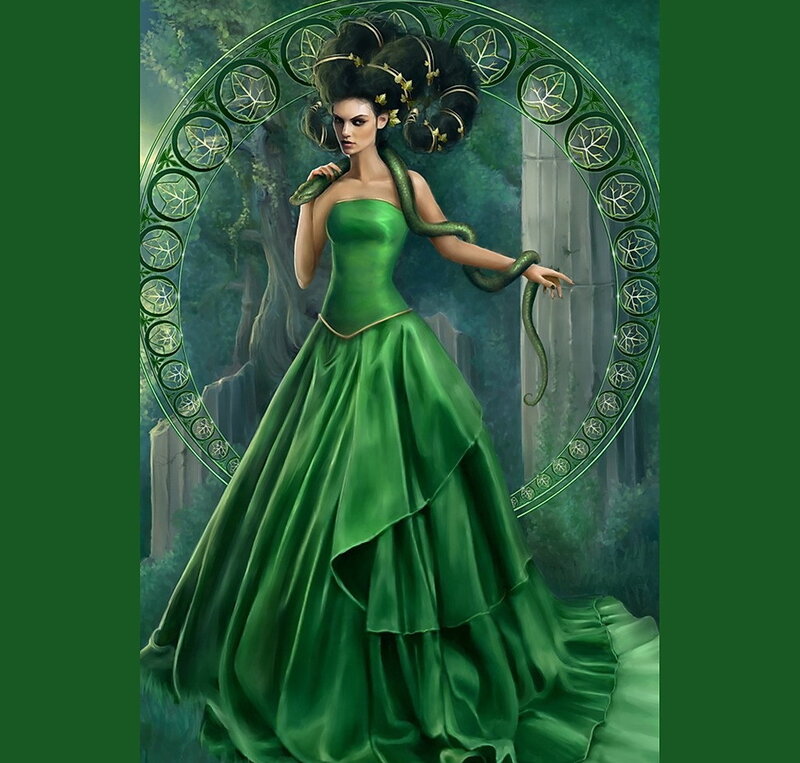 woman in green gown with snake