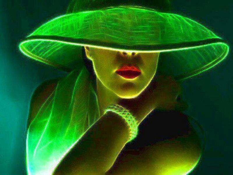 Woman in Green Hat — Dramatic, Digital Art, Red Lips