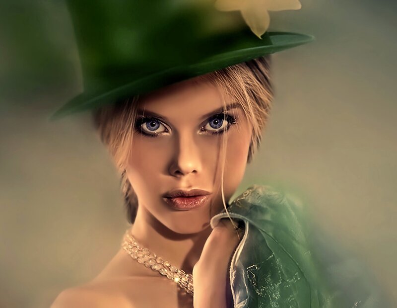 Woman in Green Hat — Dramatic, Digital Art