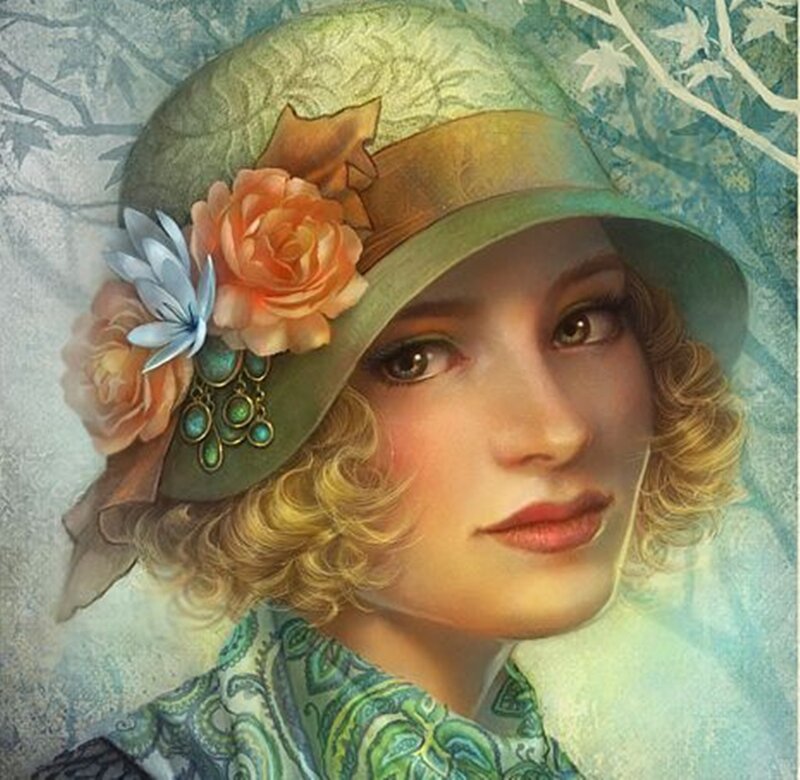 Woman in Green Hat — Serene, Illustration