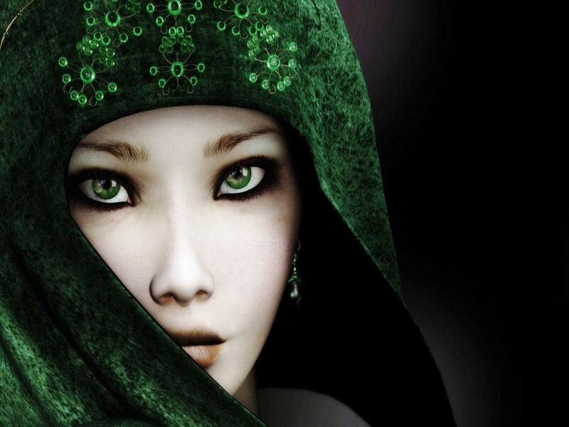 Woman in Green Hood — Dramatic, Digital Art, Green Eyes