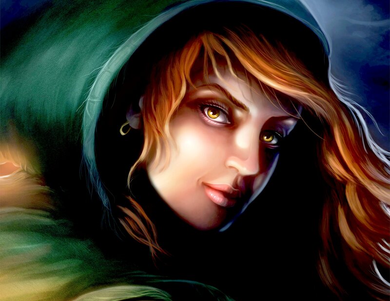 Woman in Green Hood — Dramatic, Night, Digital Art