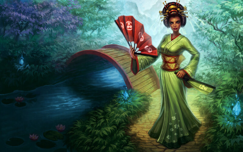 Woman in Green Kimono — Serene, Night, Digital Art, Fan