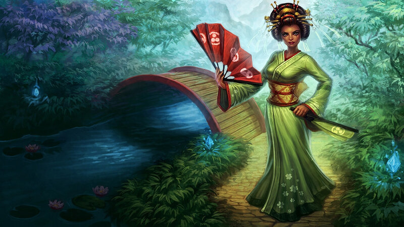 Woman in Green Kimono — Serene, Night, Digital Art