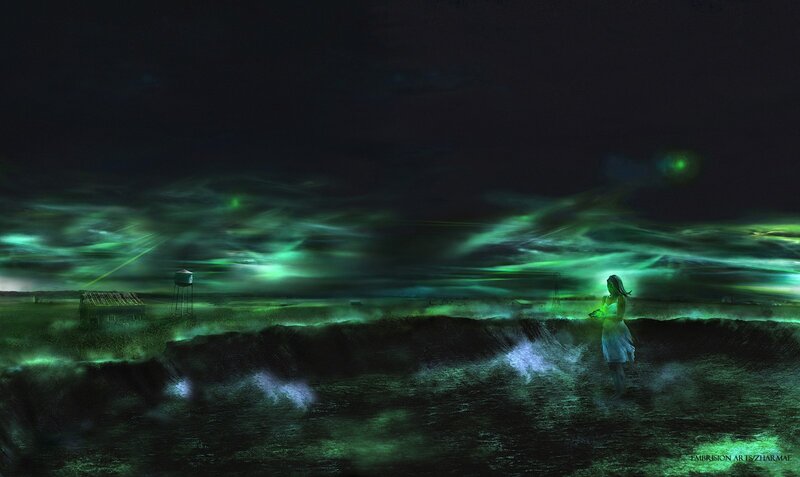 woman in green-lit night landscape