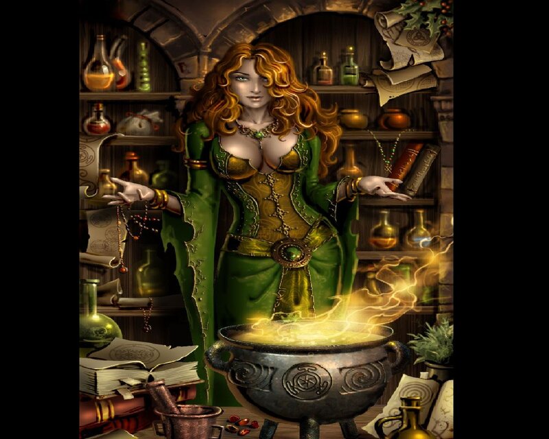 Woman in Green Robe — Dramatic, Night, Digital Art, Cauldron