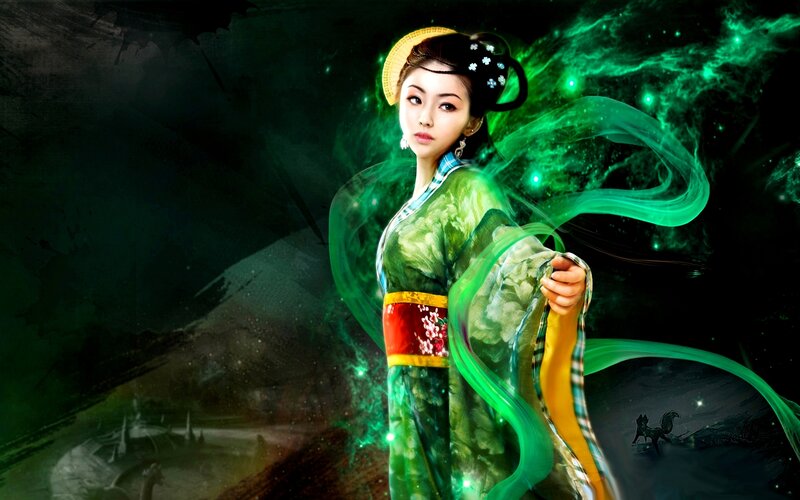 Woman in Green Robe — Dramatic, Night, Digital Art