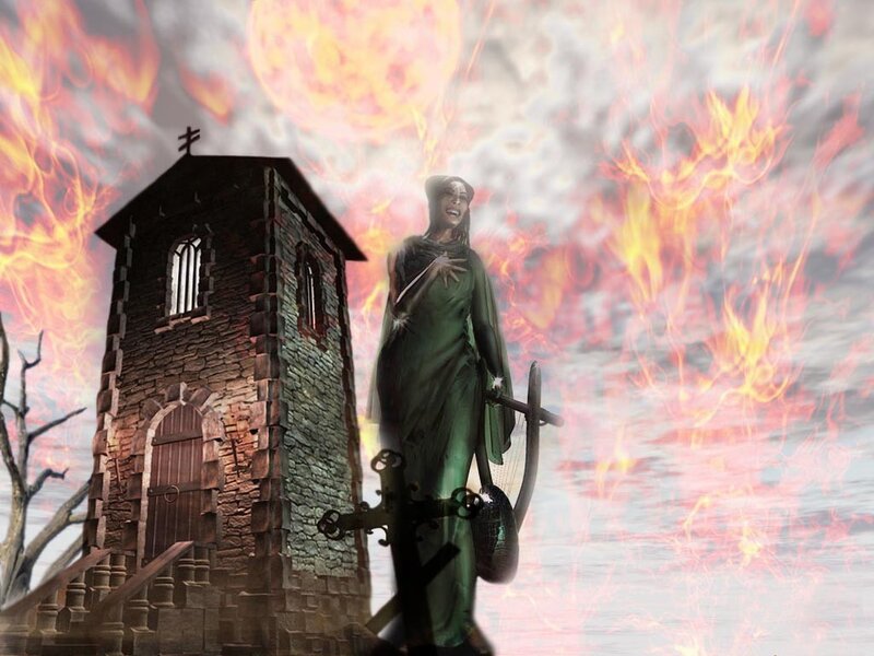 Woman in green robe with fire background