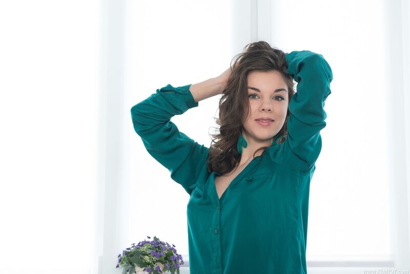 woman in green shirt