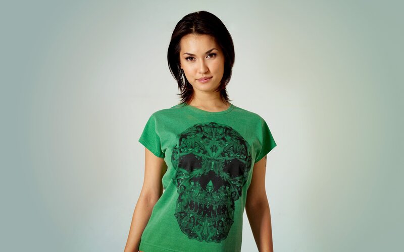 woman in green skull t-shirt