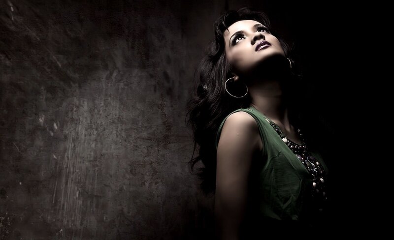 Woman in Green Top — Dramatic, Photograph, Earring