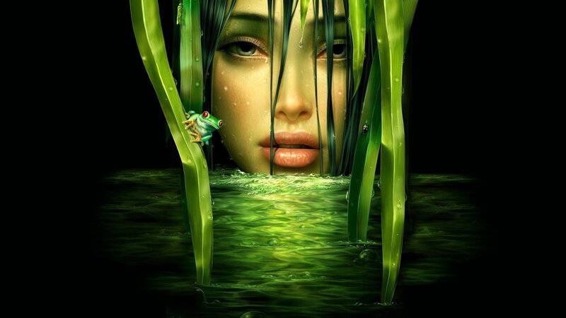 woman in green water with frog