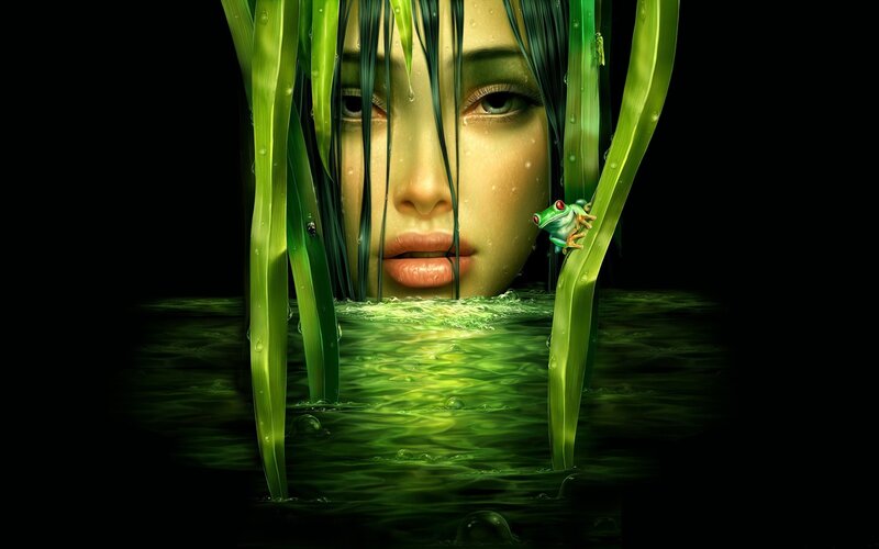 woman in green water with frog