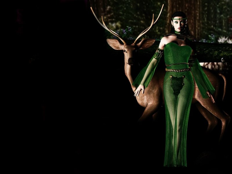 woman in green with deer
