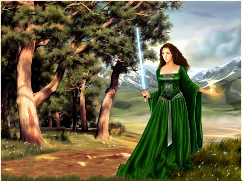 Woman in green with glowing sword
