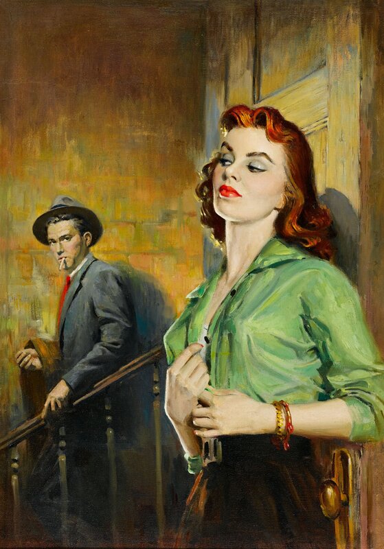 woman in green with man in background