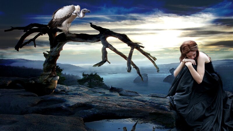 woman in grief with vulture