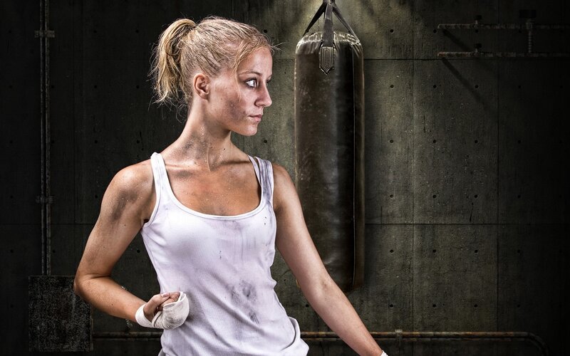 Woman in Gym — White, Dramatic, Photograph
