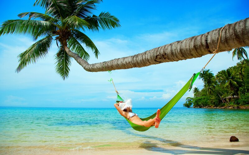 Woman in Hammock — Blue, Relaxed, Afternoon, Photograph, Palm Tree, Beach