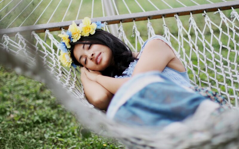 Woman in Hammock — Blue, Serene, Afternoon, Photograph, Flower Crown, Grass