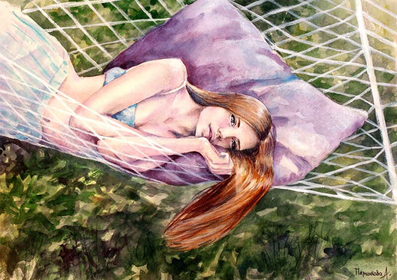 Woman in Hammock — Green, Serene, Afternoon, Painting