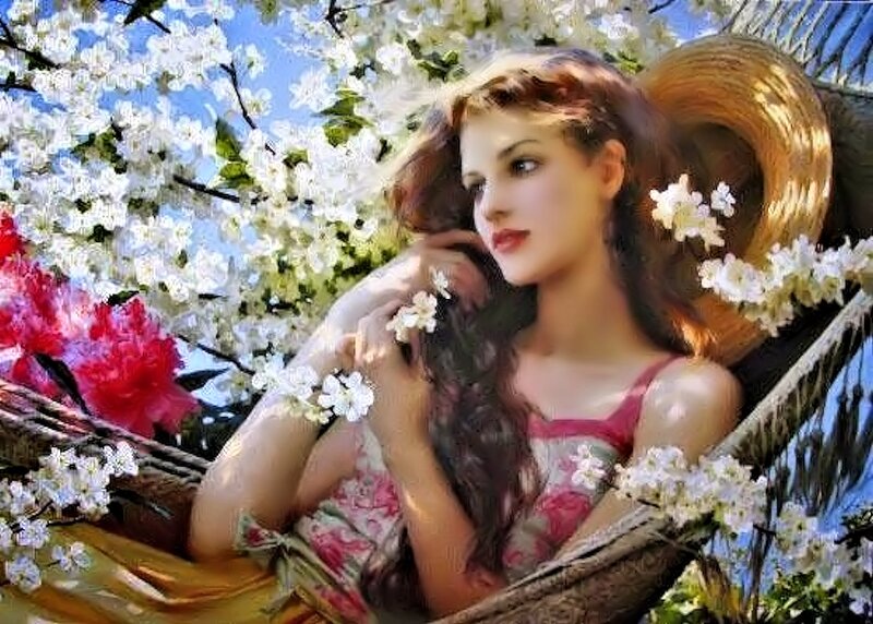 Woman in Hammock — White, Serene, Spring, Digital Art