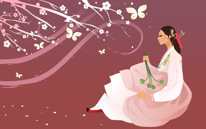Woman in Hanbok — Pink, Serene, Spring, Illustration, Butterflies