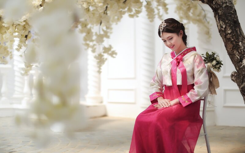 Woman in Hanbok — Pink, Serene, Spring, Photograph