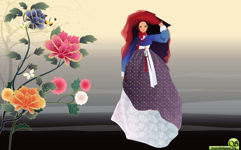 Woman in Hanbok — Purple, Serene, Digital Art, Flowers