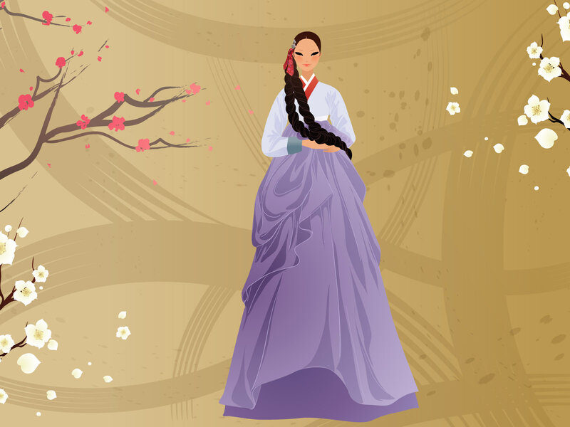 Woman in Hanbok — Purple, Serene, Spring, Illustration, Cherry Blossoms