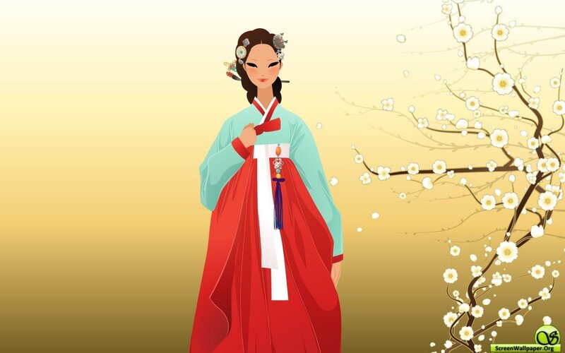 Woman in Hanbok — Red, Serene, Spring, Digital Art, Flowering Tree