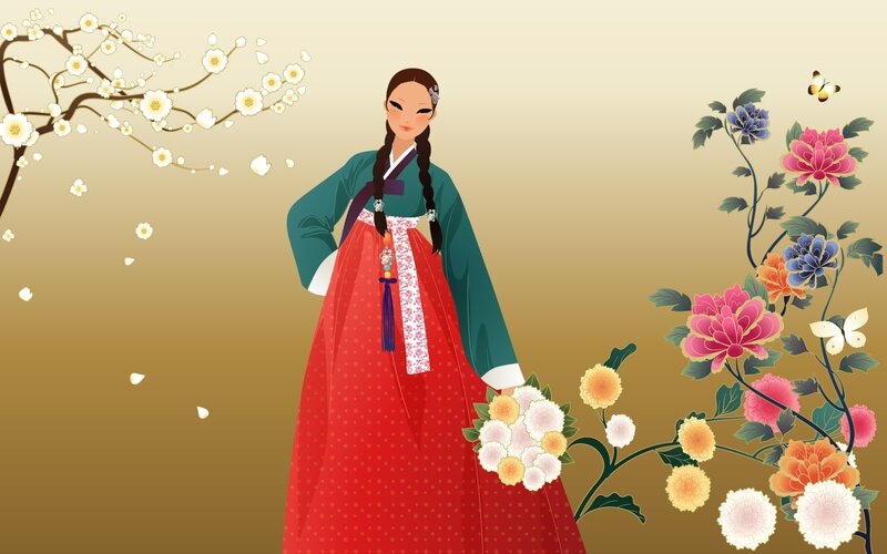 Woman in Hanbok — Red, Serene, Spring, Digital Art