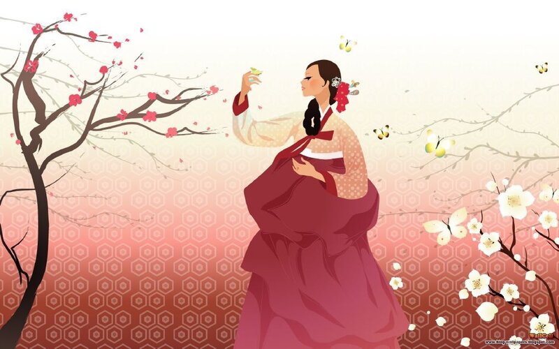Woman in Hanbok — Red, Serene, Spring, Illustration, Cherry Blossoms, Butterflies