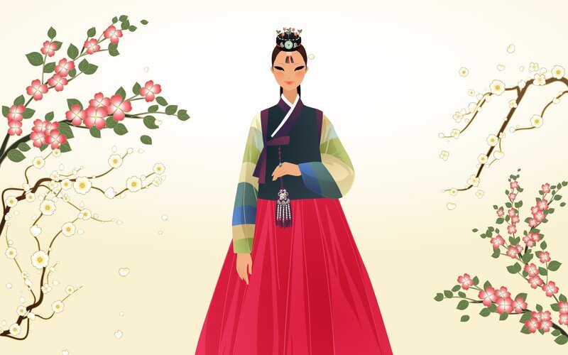 Woman in Hanbok — Red, Serene, Spring, Illustration