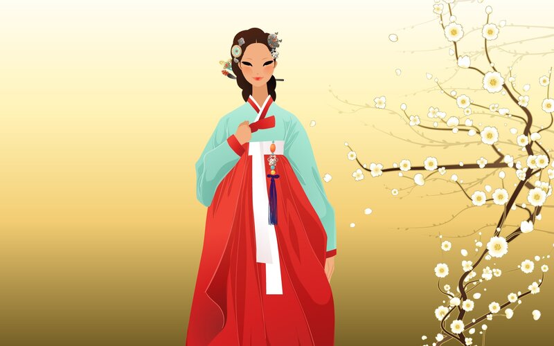 Woman in Hanbok — Red, Serene, Spring