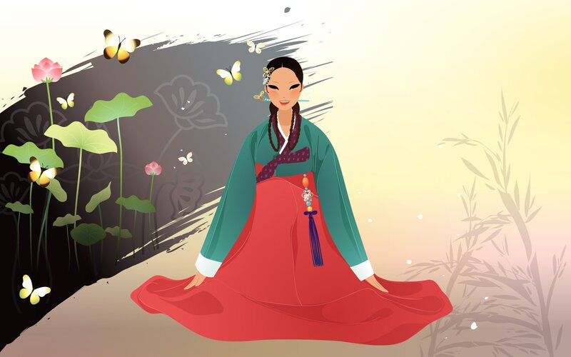 Woman in Hanbok — Red, Serene, Sunset
