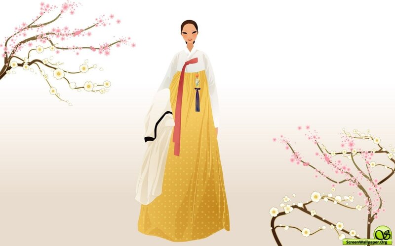 Woman in Hanbok — Yellow, Serene, Spring, Digital Art, Cherry Blossoms