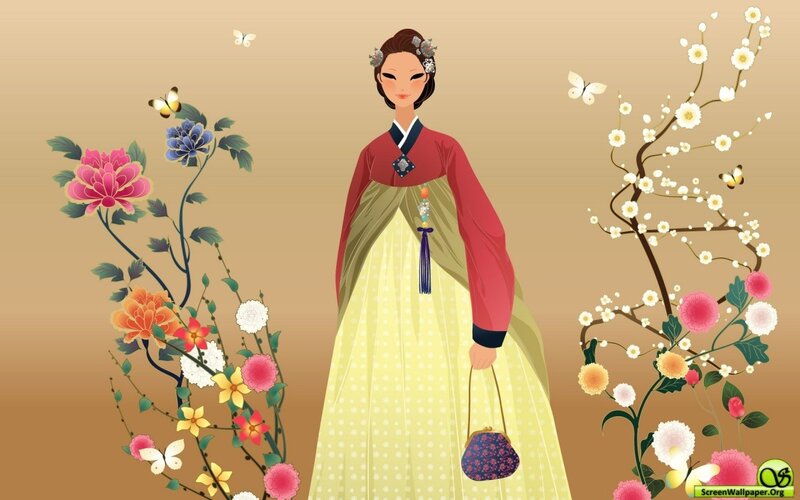 Woman in Hanbok — Yellow, Serene, Spring, Digital Art, Flowers