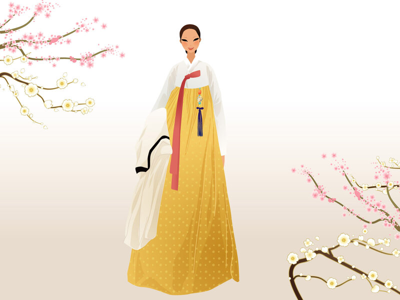 Woman in Hanbok — Yellow, Serene, Spring, Illustration, Cherry Blossoms